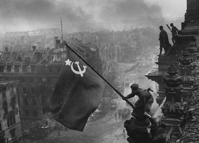 1945, Reichstag, Berlin - Soviet Flag raised by soldiers