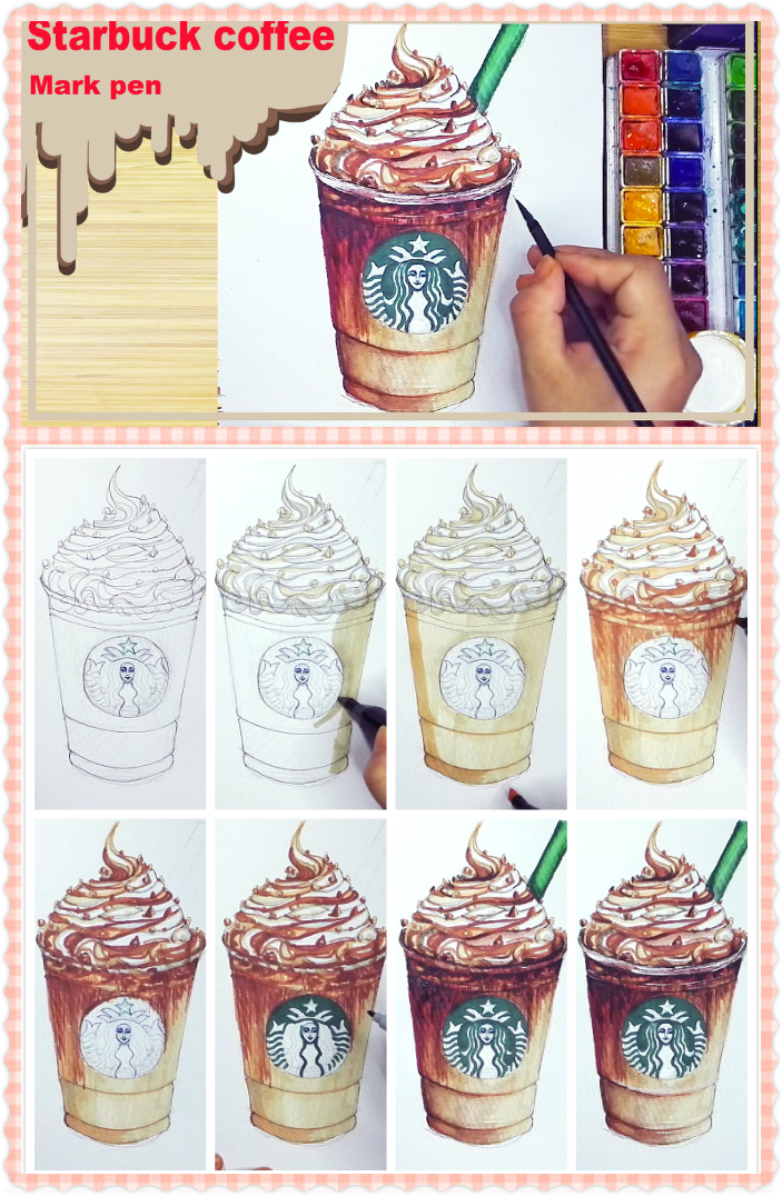How to draw a cup of Starbuck coffee with Mark pen step by step tutorial