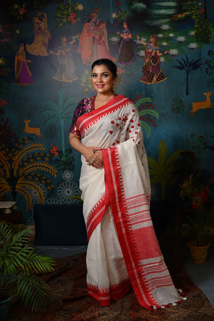 White and red khadi saree