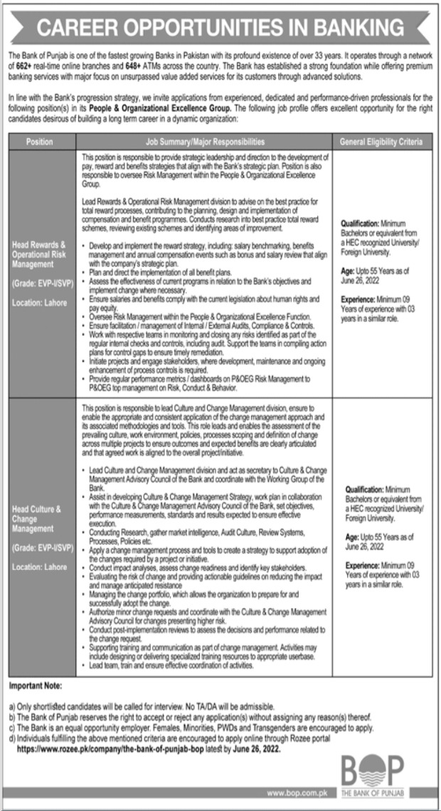 Latest The Bank of Punjab (BOP) Management Posts Lahore 2022 | Pak Jobs