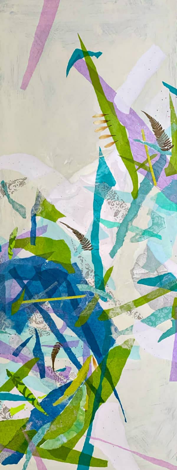 colorful torn paper collage in shades of aqua, lime green, and lavender with added fern bits