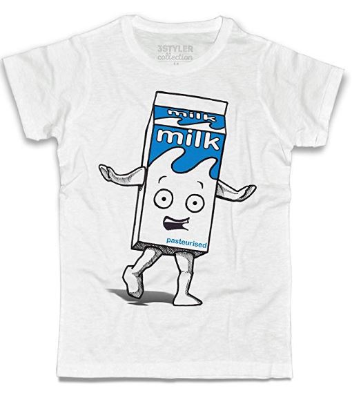 La maglietta t-shirt dei Blur del video Coffee and TV con milk, il cartoncino del latte che va a spasso per la città.