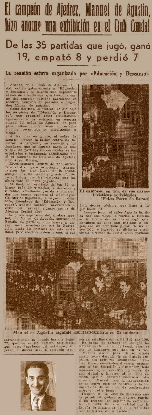 Simultáneas de ajedrez de Manuel de Agustín Albadalejo en el Escacs Comal Club en 1941