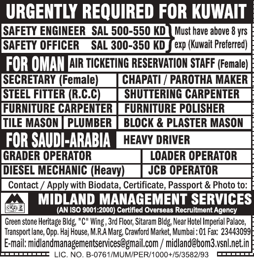 Urgent Job vacancies for Kuwait, Oman & KSA