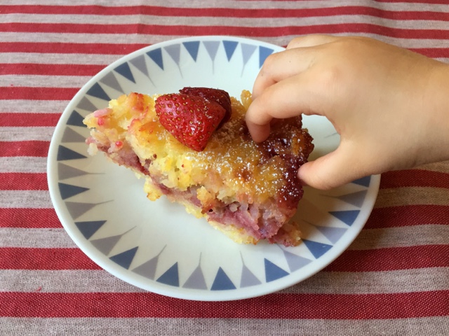Slice of Strawberry Rice Torte, or rice pie with strawberries. 