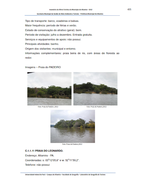 INVENTÁRIO DA OFERTA TURÍSTICA DO MUNICÍPIO DE ALTAMIRA - Pará - Brasil – 2012 – Parte III