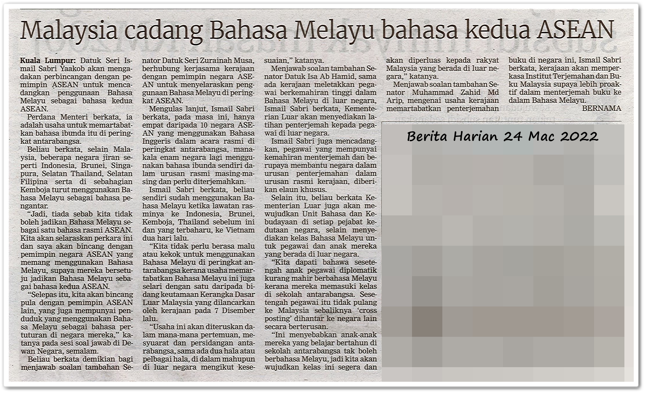 Malaysia cadang Bahasa Melayu bahasa kedua ASEAN - Keratan akhbar Berita Harian 24 Mac 2022