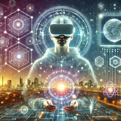 dalah ilustrasi futuristik yang menggambarkan Metaverse, Realitas Virtual, dan Augmented Reality, dengan teks yang terintegrasi dalam lingkungan digital