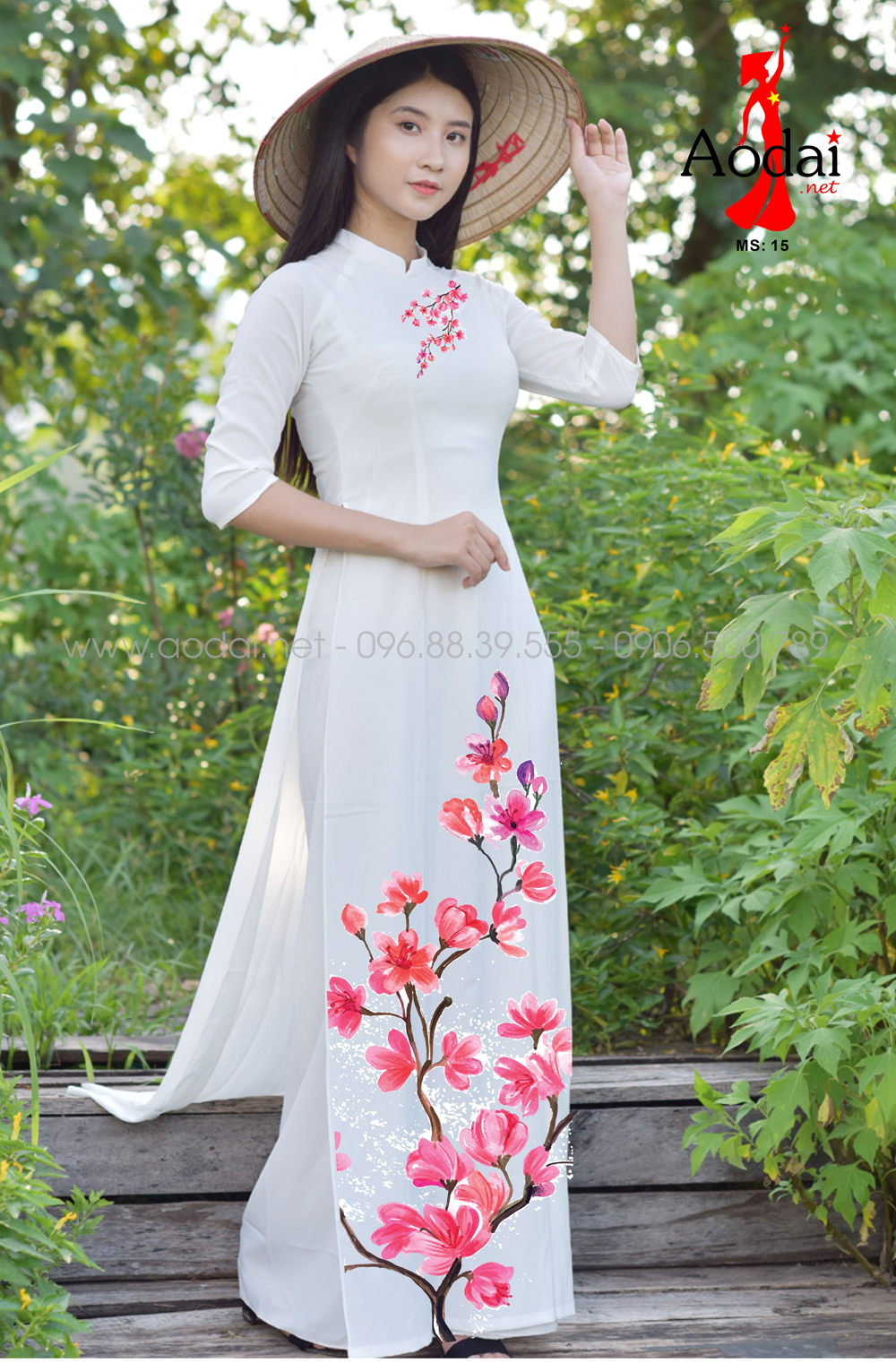 Áo dài nữ màu trắng in hoa 15