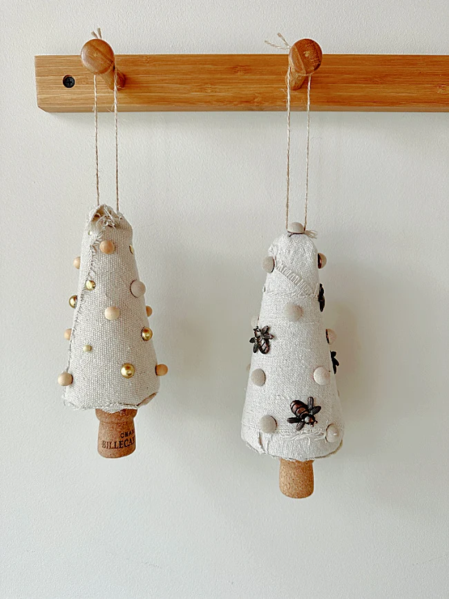 tree ornaments on peg shelf