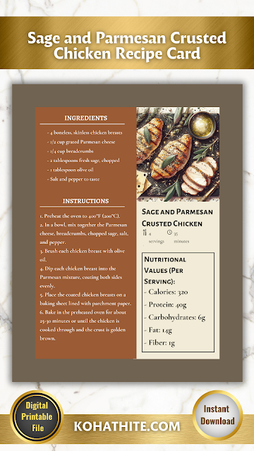 Gluten Free Sage and Parmesan Crusted Chicken Recipe Card | Printable PDF | Rustic Aesthetic Botanical Illustrated Charming Cute Background Image Design