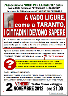 INCONTRO PUBBLICO IL 2 NOVEMBRE : A VADO LIGURE,COME A TARANTO, I CITTADINI DEVONO SAPERE.