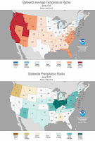 State-by-state rankings of temperature (top) and precipitation (bottom) for June 2015. (Image Credit: NOAA/NCEI) Click to Enlarge.