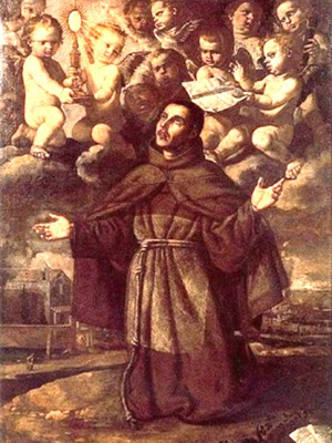 En la Imagen San Pascual Bailon arrodillado y rodeado de angeles