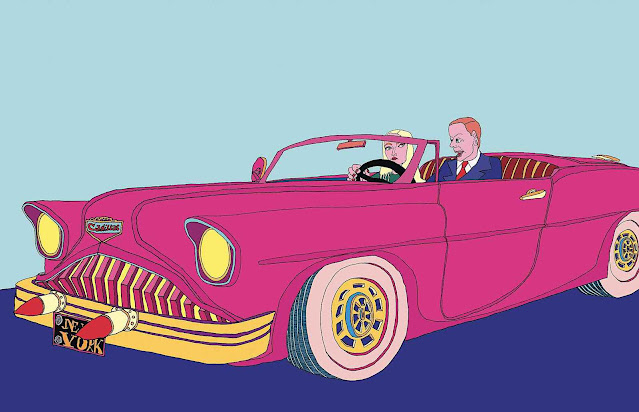 Pushwagner art, a couple in a pink car