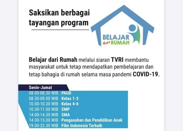 Jadwal Belajar Dari Rumah TVRI Senin, 20 April 2020 PAUD, SD, SMP dan SMA