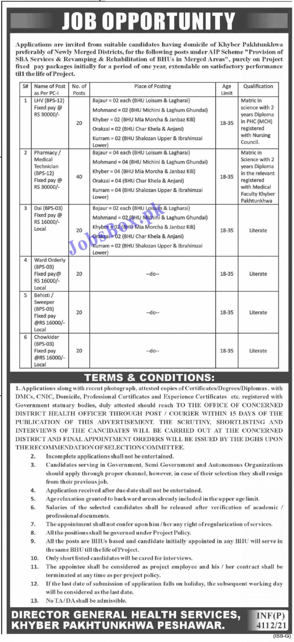 Health Department KPK Jobs 2021 – Directorate of Health Services KPK Jobs