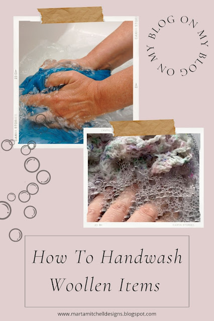 Text 1:How To Handwash Woollen Items, text 2: on the blog. Images show woollen items in the soaking process of washing. There are bubble grapics around the edge.