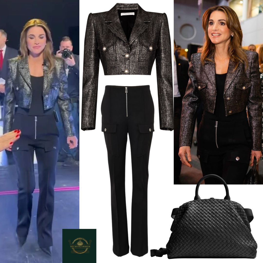 Rania chose a chic and stylish outfit. Queen Rania was wearing Alessandra Rich Wool-Blend Metallic Cropped Blazer with Bottega Veneta Stretch Double Wool Cavalry Pants and Bottega Veneta 'The Handle' Intrecciato Leather Tote.