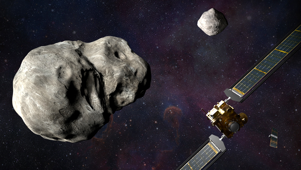 An artist's concept of NASA's DART spacecraft and the Italian Space Agency's LICIACube approaching the near-Earth asteroid Didymos and its moon Dimorphos.