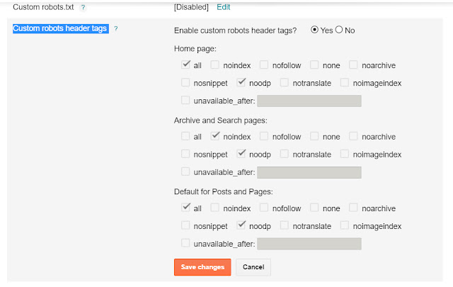 Custom robots header tags