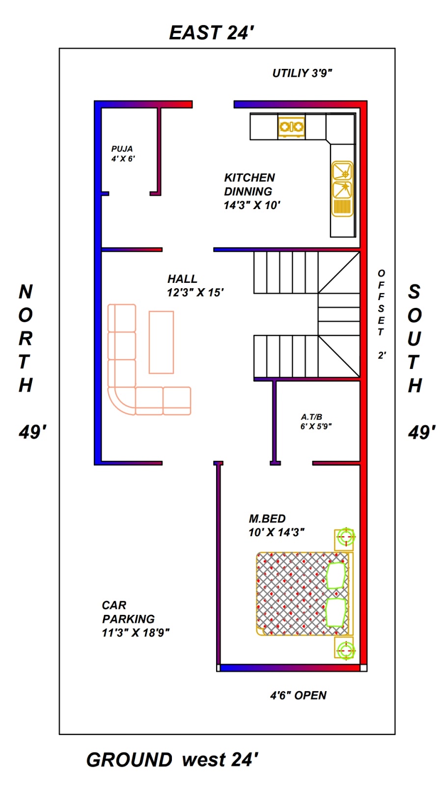 Awesome House Plans 24 X 50 West Face Duplex House Plan With 3 Bedroom Map Design