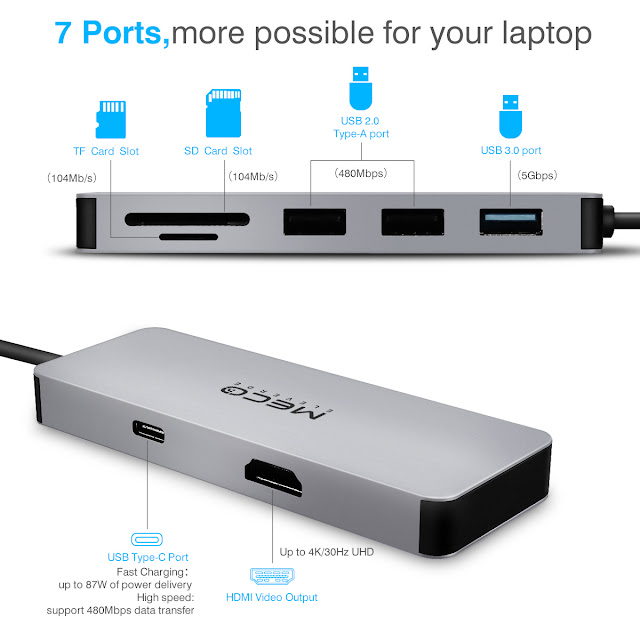 MECO 7 in 1 Type C Hub USB C to 4K HDMI USB3.0 TF SD Card Reader With Type C PD Charging Port