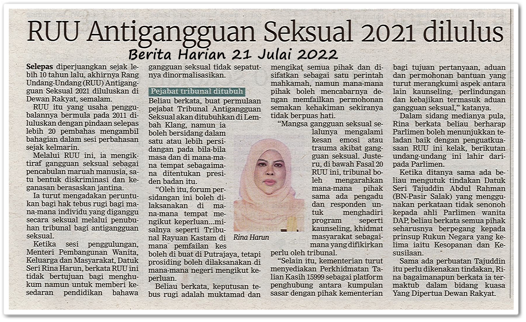 RUU Antigangguan Seksual 2021 lulus - Keratan akhbar Berita Harian 21 Julai 2022