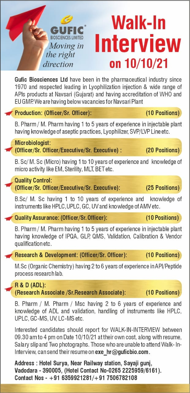 Job Availables,GUFIC BIOSCIENCES LIMITED Walk-In-Interviews For B.Pharm/M.Pharm/B.Sc./M.Sc.