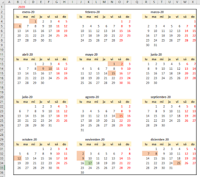 Calendarios en Excel. Fórmulas desbordadas