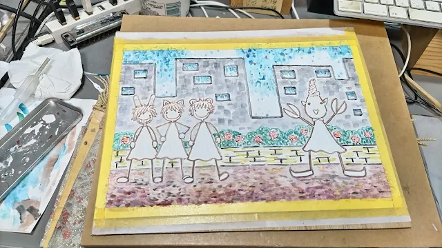 今日のお絵描き。色を塗る。透明水彩