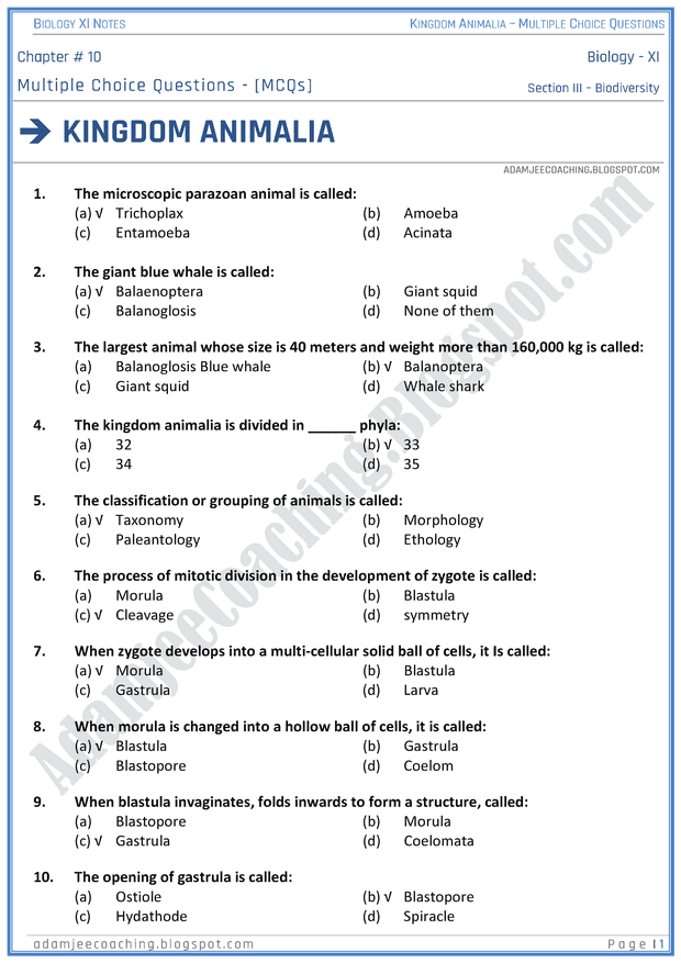 kingdom-animalia-mcqs-biology-11th