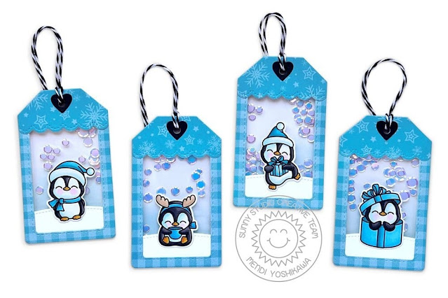 Sunny Studio Christmas Holiday Shaker Gift Tags (using Penguin Party & Season's Greetings Stamps, Mini Mat & Tag 3 & Slimline Nature Border Dies)
