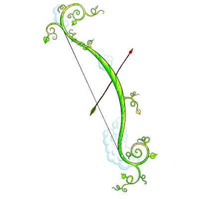 A magical beanstalk in the shape of an archer’s bow, with bits of cloud surrounding it and sparkling with gold flecks. A branch-like arrow accompanies.