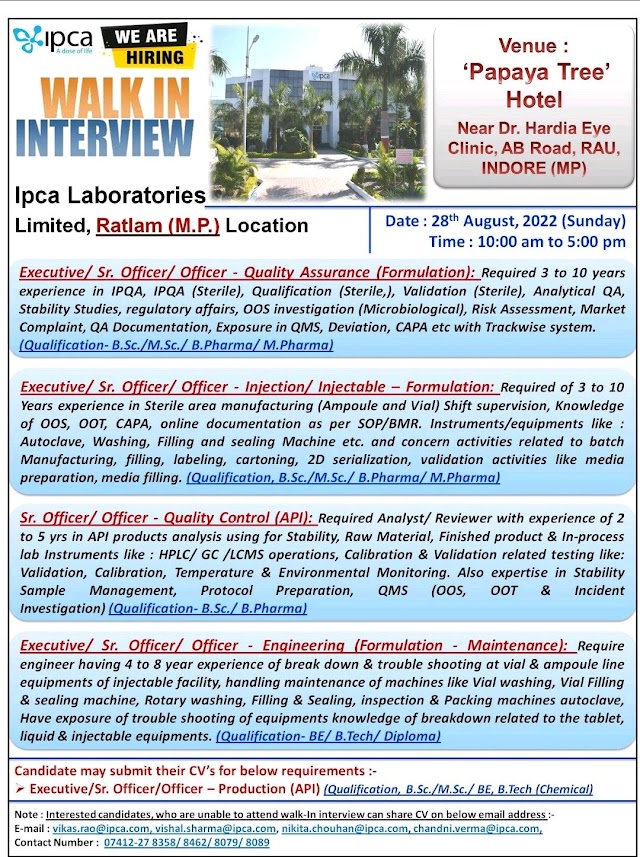 IPCA Labs | Walk-in interview at Indore for Prod (API) and Mfg/QC/QA (Formulation) on 28th Aug 2022