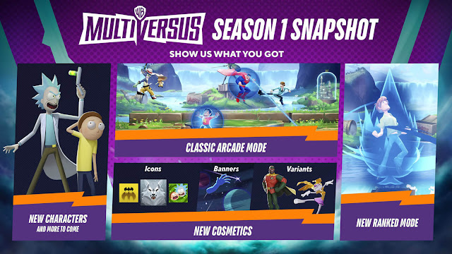 multiversus season 1 content roadmap classic arcade mode online pvp ranked battle characters rick and morty cosmetic lebron james variant upcoming free-to-play crossover platform fighter game player first games warner bros. interactive entertainment wb pc playstation ps4 ps5 xbox one series x/s xb1 x1 xsx