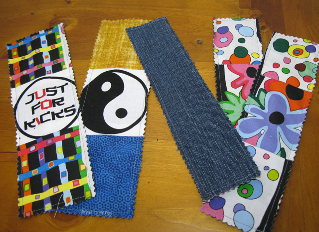 Fabric Bookmarks... a great way to use up scraps of fabric and pieces of pre-loved jeans ~ Threading My Way