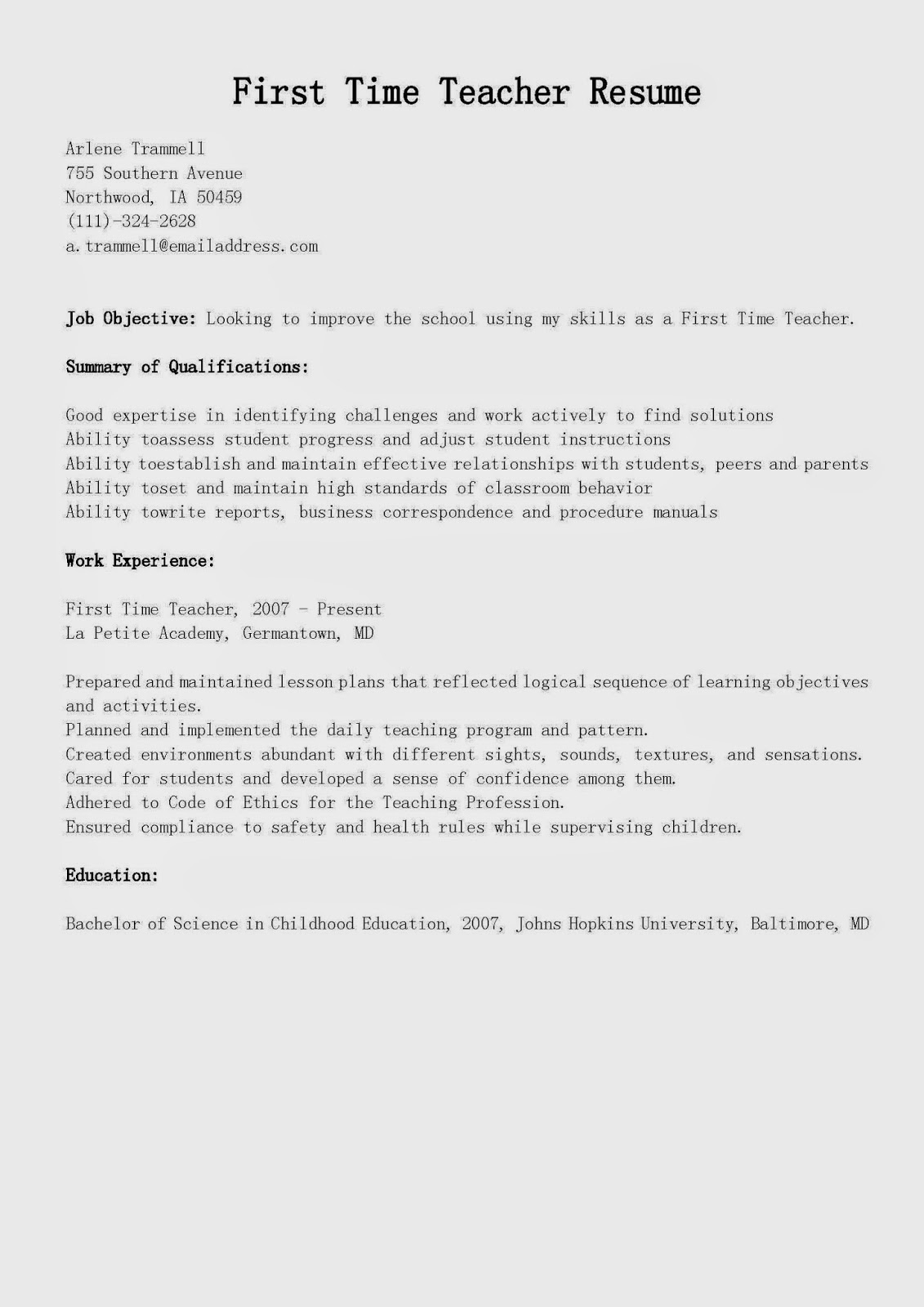 Resume Samples: First Time Teacher Resume Sample