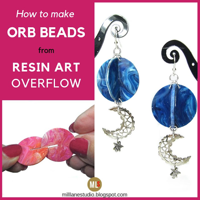 Inspiration sheet showing how to interlock marbled resin disks and a pair of finished orb earrings