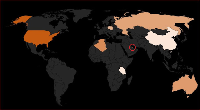 Mappa che mostra la distribuzione nel mondo delle nazioni con giacimenti d'elio, intensità del colore è funzione dell'ammontare delle riserve di questo gas raro