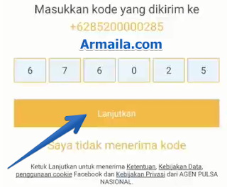 Masukkan kode yang dikirimkan ke nomor anda tadi ke kolom yang disediakan setelah itu klik tombol selanjutnya