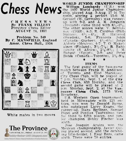 Bobby Fischer in U.S. Western Open tournament held in Milwaukee.