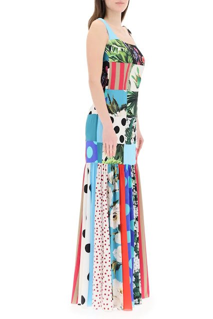 Shop Now: D & G DOLCE & GABBANA LONG PATCHWORK DRESS 40 Light blue, White, Black, Green, Pink Silk (RMNOnline.net)