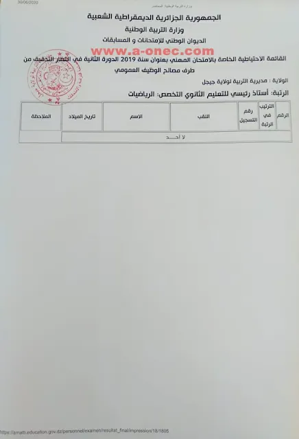 النتائج الاولية للامتحانات المهنية للترقية أستاذ رئيسي ثانوي رياضيات لولاية جيجل 