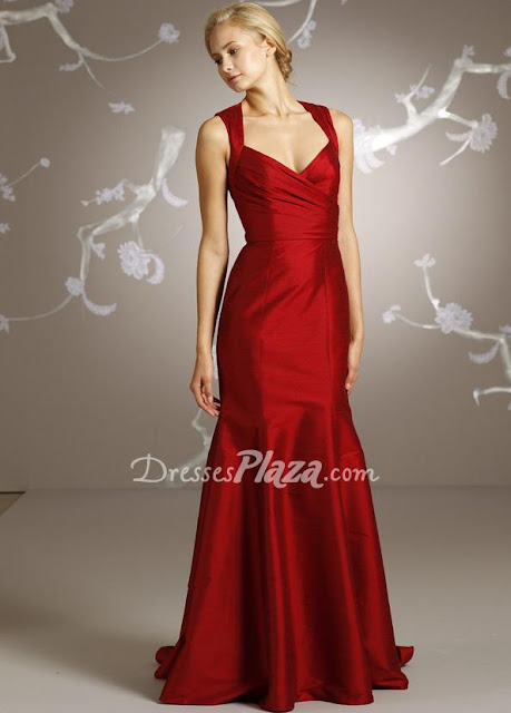 Gorgeous Red Dupioni Sleeveless Trumpet V-neck Floor Length Keyhole Back Bridesmaid Dress