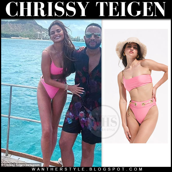 Chrissy Teigen in pink chain bikini