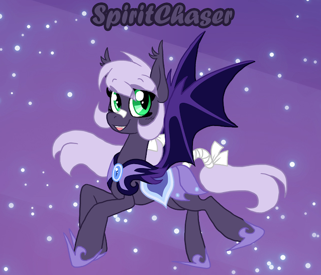 Stylized text label this purple-grey bat pony as Spirit Chaser who is faced left but looking at the viewer with her green eyes. She is more purple than most bat ponies. A small bandage sits on the bridge of her nose. Her long light-purple mane in a pony tail and her tail is wrapped from the base in white wraps. She wears the armor of a bat pony guard. A single fang is visible from her open mouth. The bend of her legs and open wings suggest she is flying.