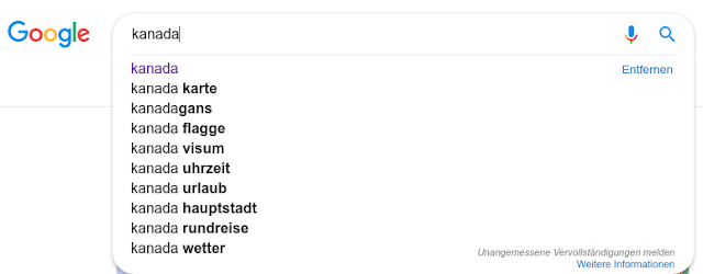 Beispiel für die Autocomplete-Funktion auf Google