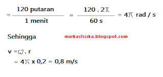 Kali ini markas fisika akan membagikan pembahasan soal tentang gerak untuk SMA, ada pun pembahasan soal nya seperti berikut, semoga bermanfaat..Di ketahui: r = 20 cm = 0,2 m ( w ) omega = 120 putaran tiap menit. penyelesaian: = 120 putaran/1 menit = 120.2 phi / 60 s = 4 phi rad /s, sehingga v = omega di kali r = 4 phi x 0,2 = 0,8 m/s