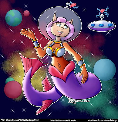 A Mermaid in outer space wearing a fishbowl helmet.